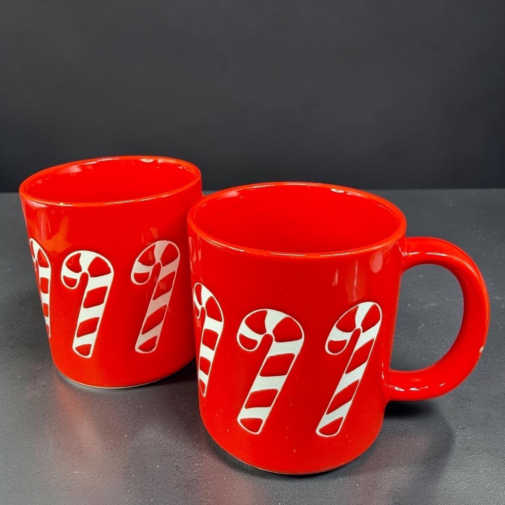 Relpo Vintage Christmas Candy Cane Mugs Cups Red Ceramic Set of 2‎ Holiday READ